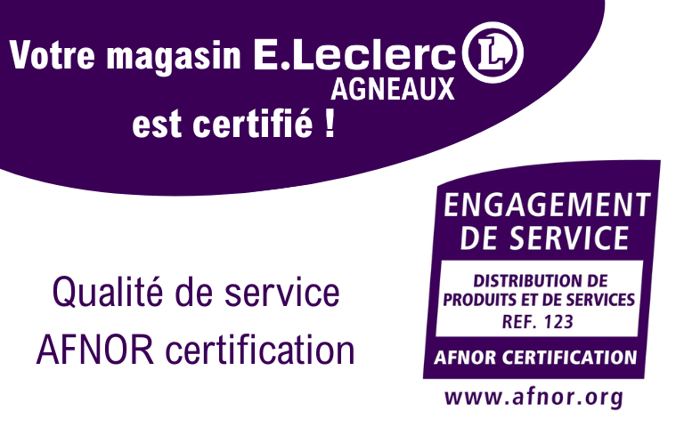 Votre magasin E.leclerc Agneaux est certifié : Qualité de service Afnor. Dans la catégorie Engagement de service, distribution de produits et de services