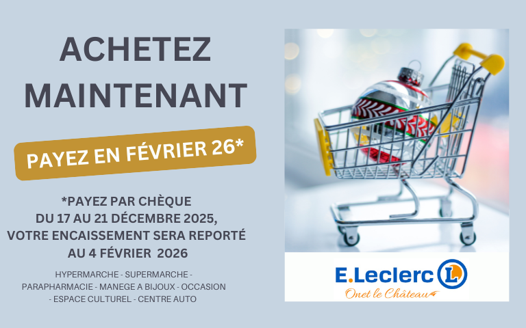 𝙊𝙥𝙚́𝙧𝙖𝙩𝙞𝙤𝙣 𝘾𝙝𝙚̀𝙦𝙪𝙚𝙨 𝙍𝙚𝙥𝙤𝙧𝙩𝙚́𝙨 . Du 17 au 21 décembre 2025, pour tout règlement par chèque, vous pouvez profiter d'un report d'encaissement au 4 février 2026. Sur simple demande en caisse et sur présentation d'une pièce d'identité. 𝘝𝘰𝘪𝘳 𝘤𝘰𝘯𝘥𝘪𝘵𝘪𝘰𝘯𝘴 𝘦𝘯 𝘮𝘢𝘨𝘢𝘴𝘪𝘯𝘴