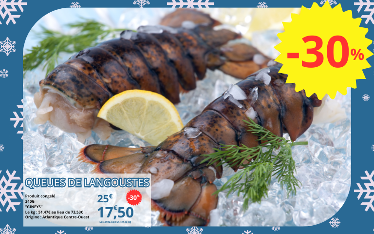 Offre : Queue de langouste 340g “GINEYS” - Origine Atlantique Centre-Ouest à 25€ -30% de réduction immédiate soit à 17,50€ *Dans la limite des stocks disponibles 