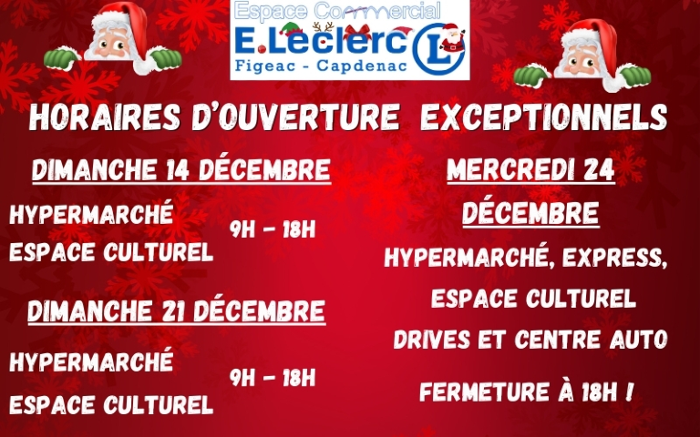 Horaires d ouverture exceptionnels : dimanche 14  et 21 décembre Hyper + espace culturel 9h-18h Mercredi 24 Décembre fermeture de tous les sites à 18H