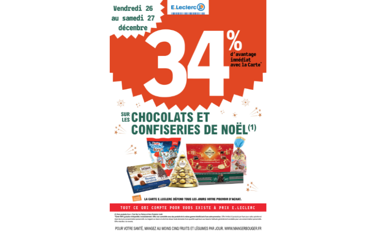 34% DE REMISE IMMEDIATE SUR CHOCOLAT ET CONFISERIES DE NOEL DU 26 AU 27/12