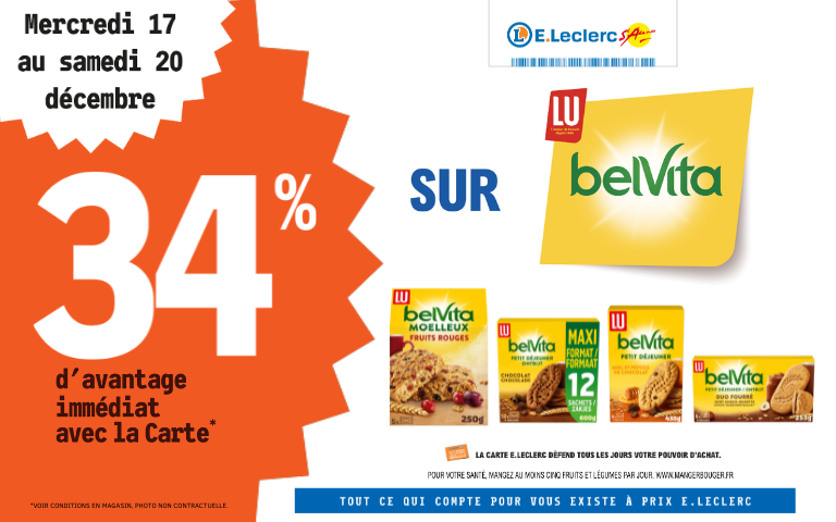 Du mercredi 17 au samedi 20 décmebre, bénéficiez de 34% de remise immédiate sue les produits de la maquey Belvita avce la carte de fidélité 