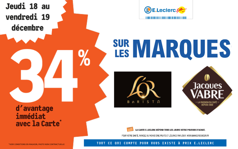 Jeudi 18 et vendredi 19 décembre, bénéficiez de 34% de remise immédiate sur les produits des marques de café L'or et Jacques Vabre, avec la carte de fidélité.