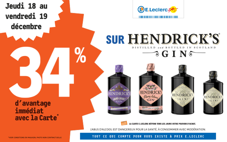 Jeudi 18 et vendredi 19, bénéficiez de 34% de remise immédiate sur les produits de la marque Hendricks avec la carte de fidélité