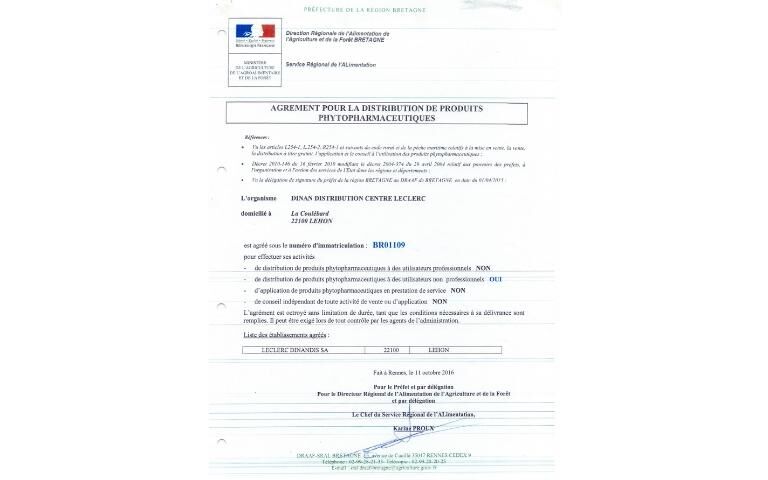 Agrément pour la distribution de produits phytopharmaceutiques