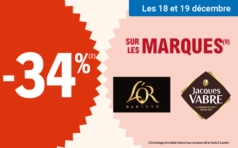 Les 18 et 19 décembre, profitez de 34% d'avantage immédiat sur les marques L'Or et Jacques VABRE.