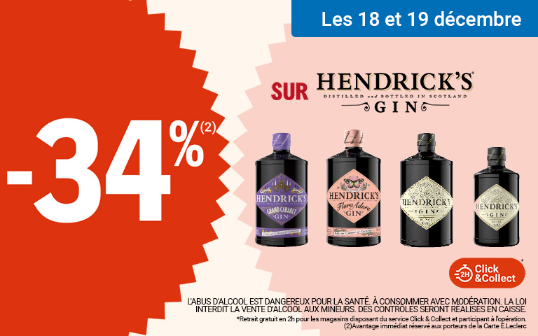 Les 18 et 19 décembre, profitez de 34% d'avantage immédiat sur la marque Hendrick's Gin. Offre également disponible en click&collect. L'abus d'alcool est dangereux pour la santé, à consommer avec modération.