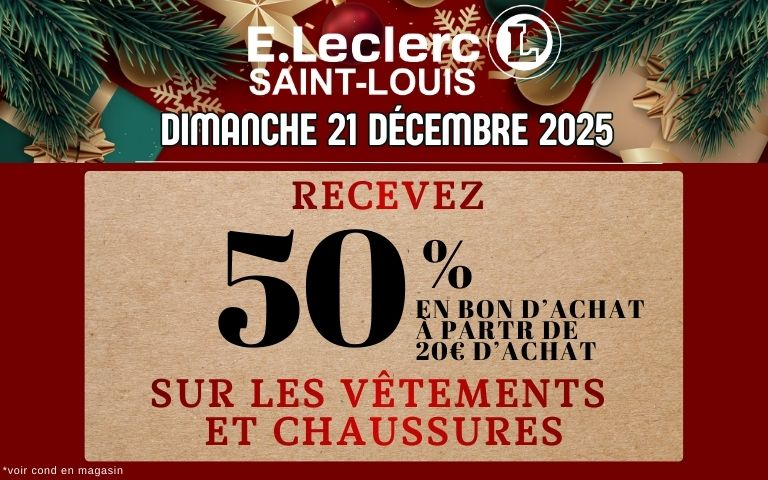 dimanche 21 décembre : recevez 50% en bon d'achat avec la carte à partir de 20€ d'achat sur les vêtements et chaussures *voir conditions en magasin