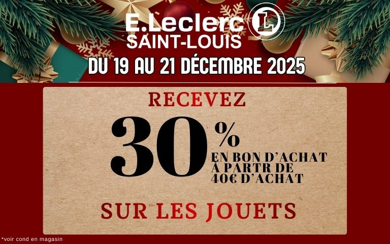 du 19 au 21décembre 2025 : recevez 30% en bon d'achat avec la carte à partir de 40€ d'achat sur les jouets *voir conditions en magasin