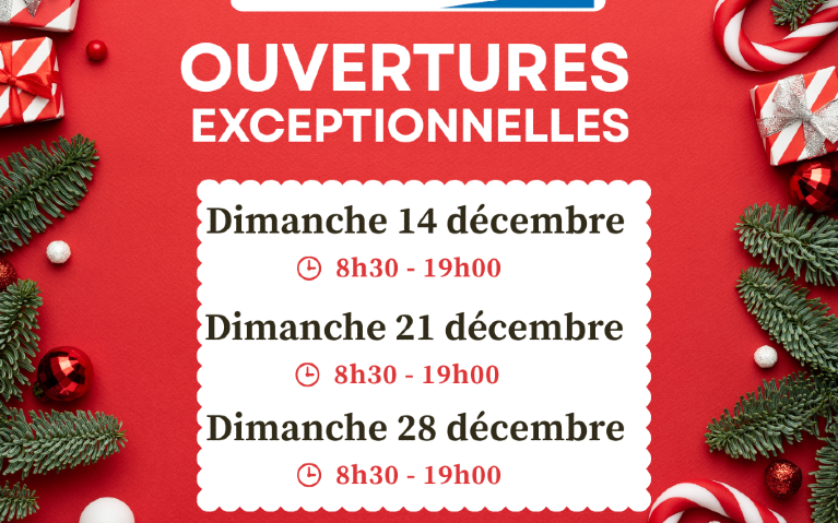 Votre centre E.Leclerc Béziers Montimara sera ouvert les dimanches 14, 21 et 28 décembre de 8h30 à 19h