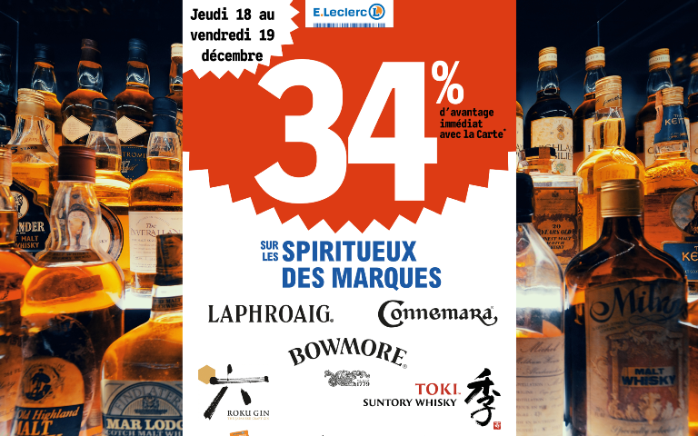 34% en remise immédiate sur une selection de spiritueux du jeudi 18 au vendredi 19 decembre