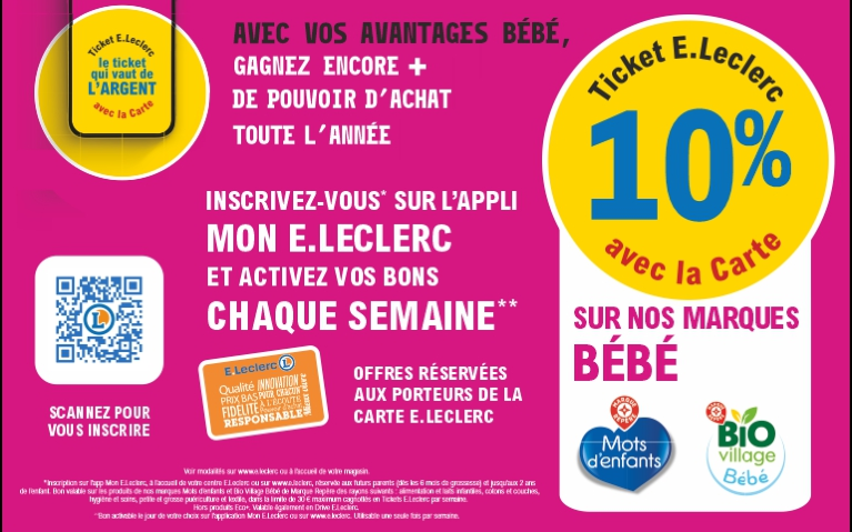 Affiche promotionnelle E.Leclerc sur fond rose. Elle annonce : "Avec vos avantages bébé, gagnez encore plus de pouvoir d'achat toute l'année". L'offre principale est de 10 % en Ticket E.Leclerc crédités sur la carte de fidélité pour l'achat de produits des marques "Mots d'enfants" et "Bio Village Bébé". L'affiche invite à s'inscrire sur l'application "Mon E.Leclerc" pour activer ces bons chaque semaine et contient un QR code à scanner pour l'inscription. Offre valable en magasin et sur le drive.
