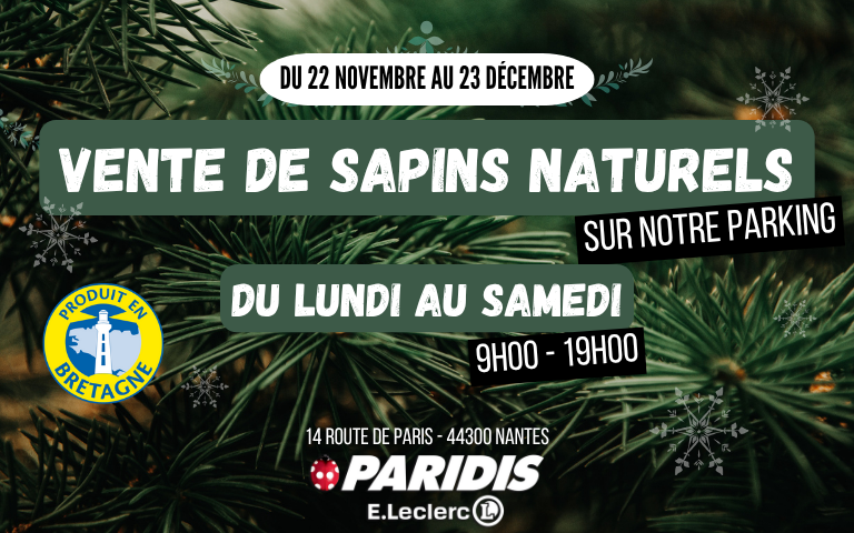 Vente de sapins naturels sur notre parking, du 22 novembre au 23 décembre, de 9h à 19h.