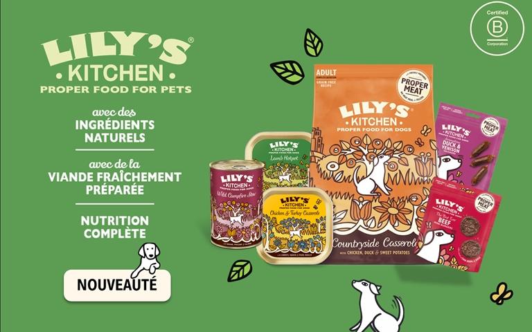 Découvrez les aliments pour animaux de compagnie de la marque Lily's Kitchen avec des recettes composées d'ingrédients naturels, de la viande fraîchement préparée et une nutrition complète. 